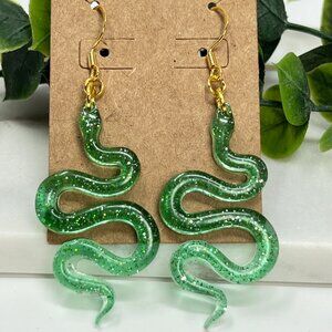 Transparent Green Glitter Snake Dangle Statement Earrings 18K Plated